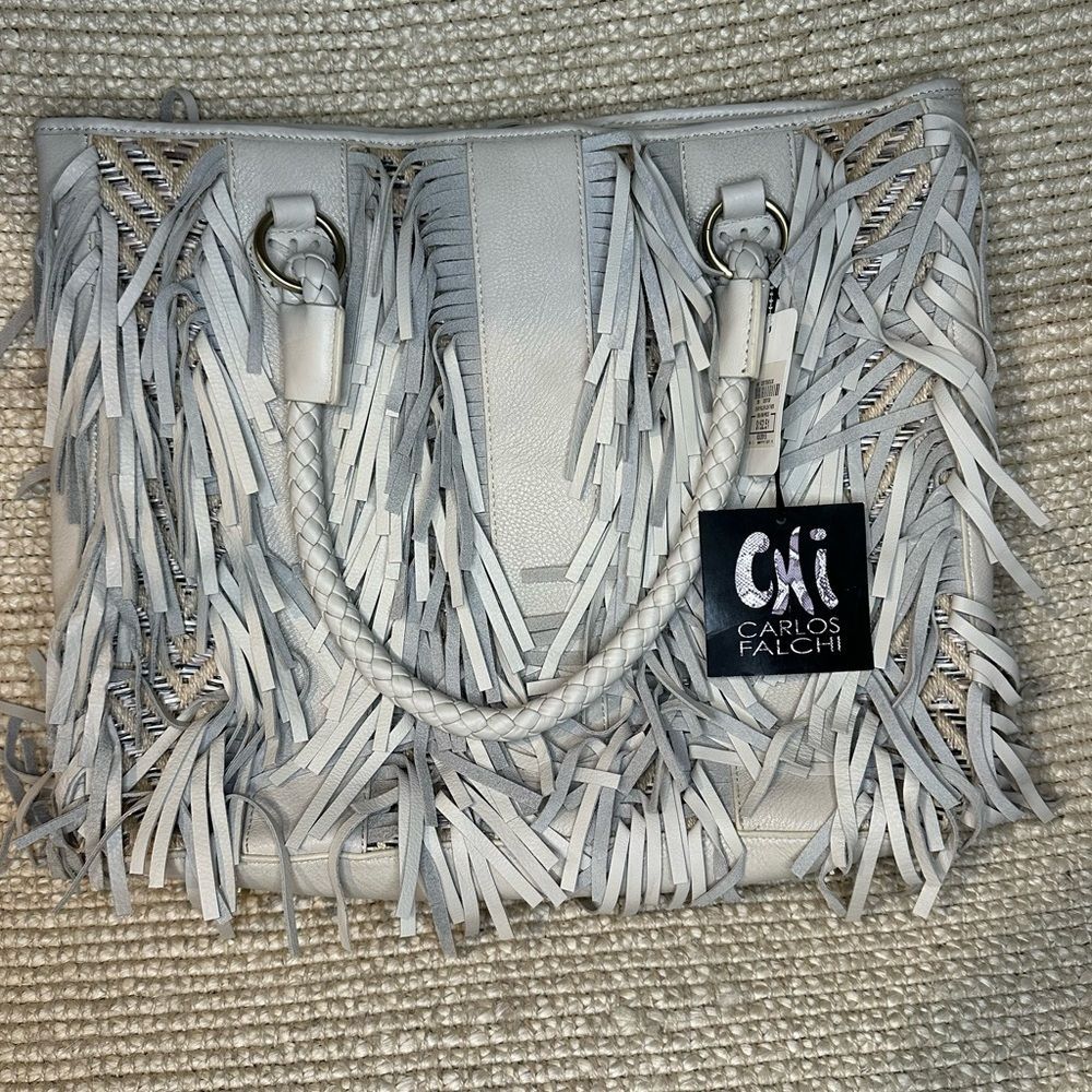 NWT Chi by Carlos Falchi Gray/Cream Fringe Tote Leather Bag